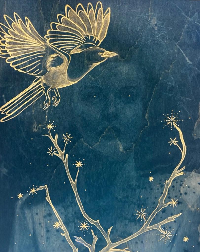 The Messenger – Stardust by JozD, cyanotype on carved wood panel with gold leaf